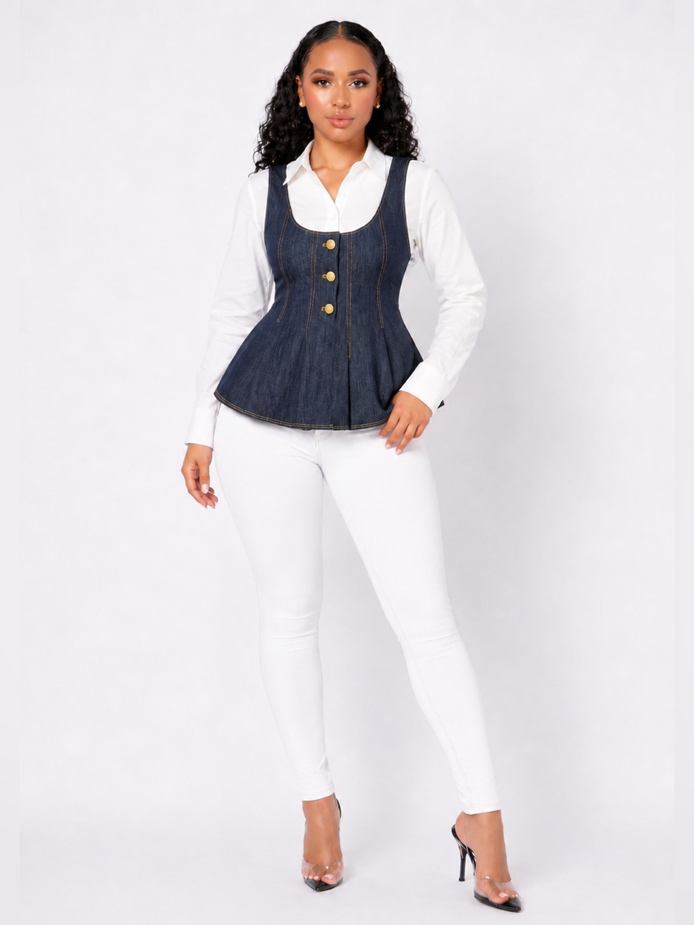 Rosie Assoulin Dark Blue Peplum Denim Button Up Top.